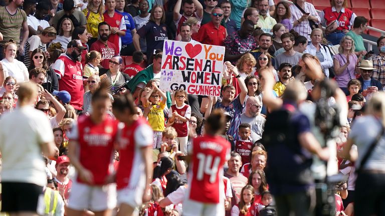 Arsenal fans applaud their players after the FA Women's Super Cup match at Emirates Stadium, London.  Date taken: Sunday, September 5, 2021.