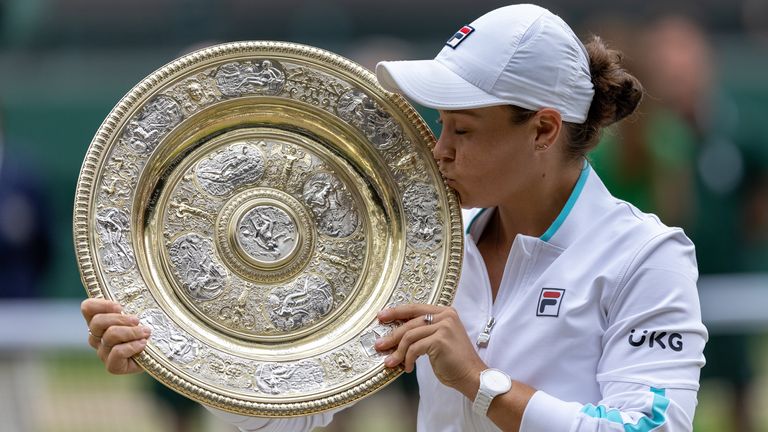 Wimbledon 2021 - Day Twelve - The All England Lawn Tennis and Croquet Club
Ashleigh Barty celebrates with her trophy after winning the ladies' singles final match against Karolina Pliskova on centre court on day twelve of Wimbledon at The All England Lawn Tennis and Croquet Club, Wimbledon. Picture date: Saturday July 10, 2021.