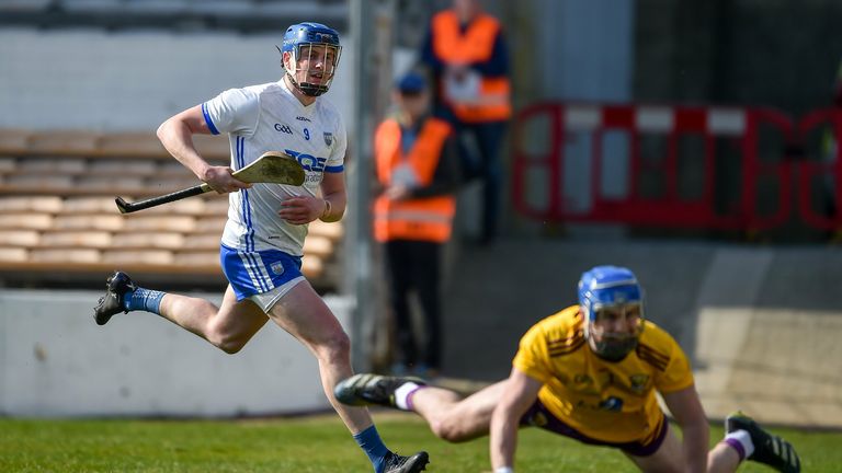 27 March 2022; Austin Gleeson of Waterford celebrates after scoring his side's first goal during the Allianz Hurling League Division 1 Semi-Final match between Wexford and Waterford at UPMC Nowlan Park in Kilkenny. Photo by Daire Brennan/Sportsfile