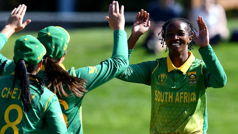 Ayabonga Khaka celebrates one of her four wickets in South Africa's opening win over Bangladesh in the Women's World Cup