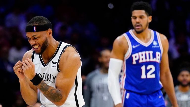 Brooklyn Nets&#39; Bruce Brown reacts after a turnover during the second half of an NBA basketball game against the Philadelphia 76ers, Thursday, March 10, 2022, in Philadelphia.