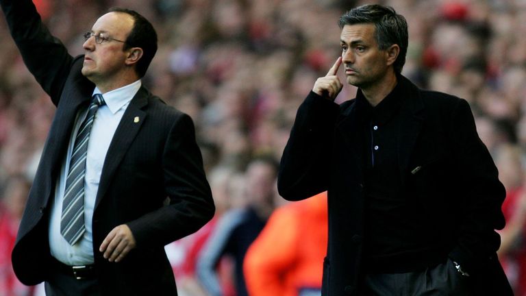 Rafa Benitez and his Chelsea counterpart Jose Mourinho (right) on the touchline at Anfield as the Blues&#39; Quadruple dreams ended in the second leg of the 2007 Champions League semi-final