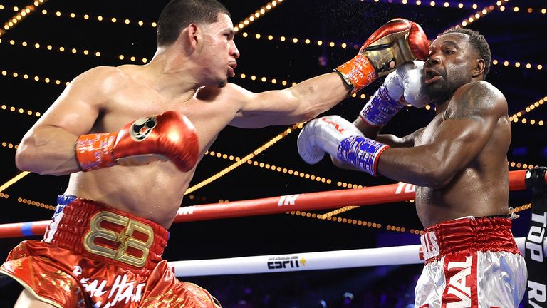 NEW YORK, NEW YORK - MARCH 19: Edgar Berlanga (L) and Steve Rolls (R) exchange punches during their NABO Super Middleweight championship fight at The Hulu Theater at Madison Square Garden on March 19, 2022 in New York, New York. (Photo by Mikey Williams/Top Rank Inc via Getty Images)