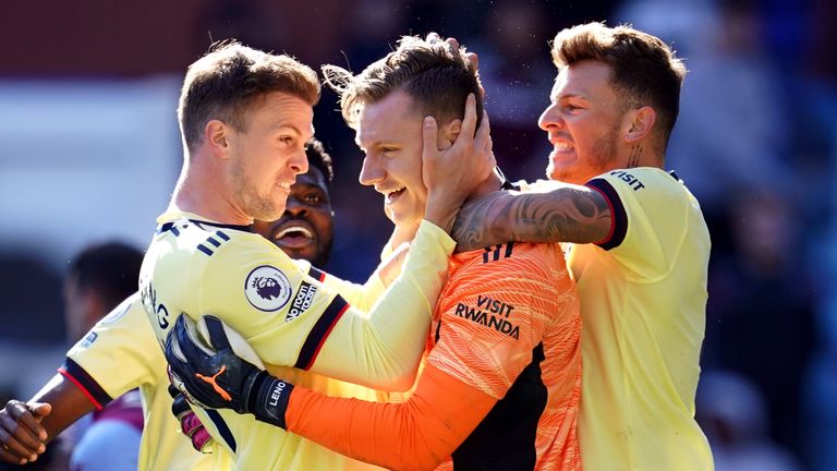 Bernd Leno, Ben White and Rob Holding celebrate beating Aston Villa