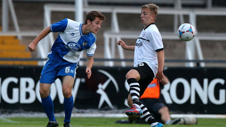 Bristol Rovers' Tom Lockyear and Hereford's Jarrod Bowen during a pre-season friendly at Edgar Street in July 2013