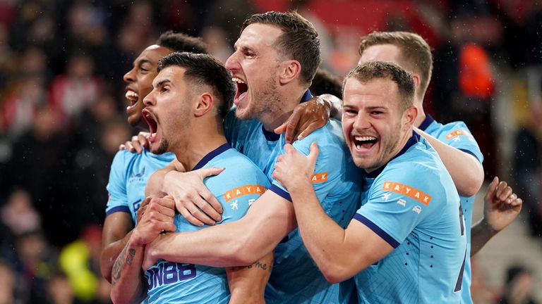 Newcastle United Bruno Guimarães celebrates scoring his second goal for his team