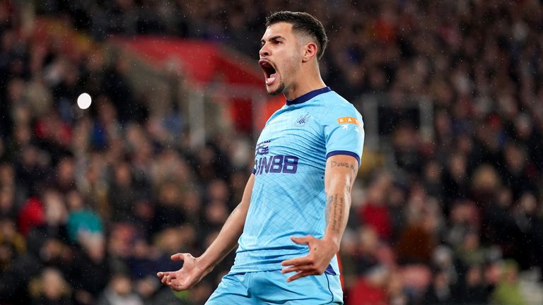 Newcastle United's Bruno Guimaraes celebrates making 2-1