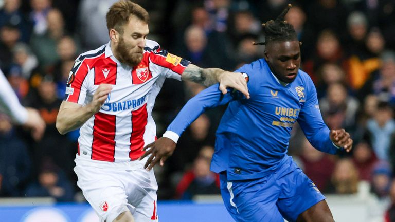 Rangers&#39; Calvin Bassey (R) and Red Star&#39;s Aleksandar Katai