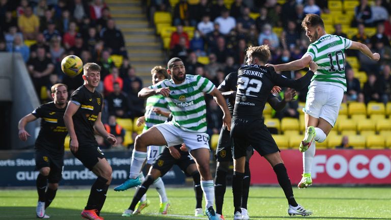 LIVINGSTON, SCOTLAND - SEPTEMBER 19: Celtic's Albian Ajeti (R) heads wide during a cinch Premiership match between Livingston and Celtic at the Tony Macaroni Arena on September 19, 2021, in Livingston, Scotland. (Photo by Ross MacDonald / SNS Group)