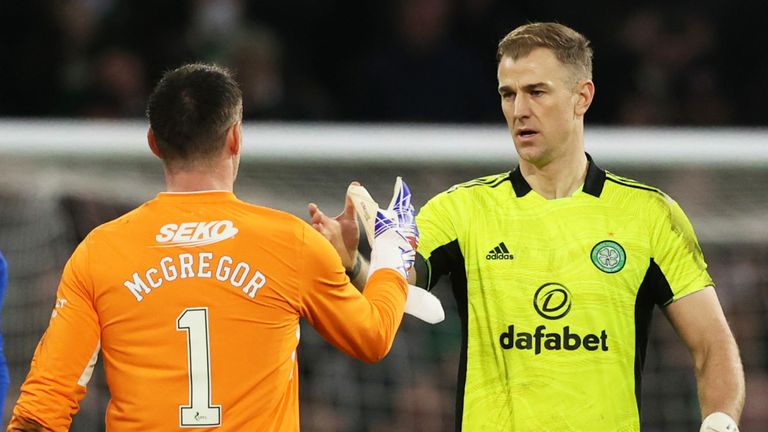 GLASGOW, SCOTLAND - FEBRUARY 02: Goalkeepers Allan McGregor and Joe Hart at full Time during a cinch Premiership match between Celtic and Rangers at Celtic Park, on February 02, 2022, in Glasgow, Scotland. (Photo by Craig Williamson / SNS Group)