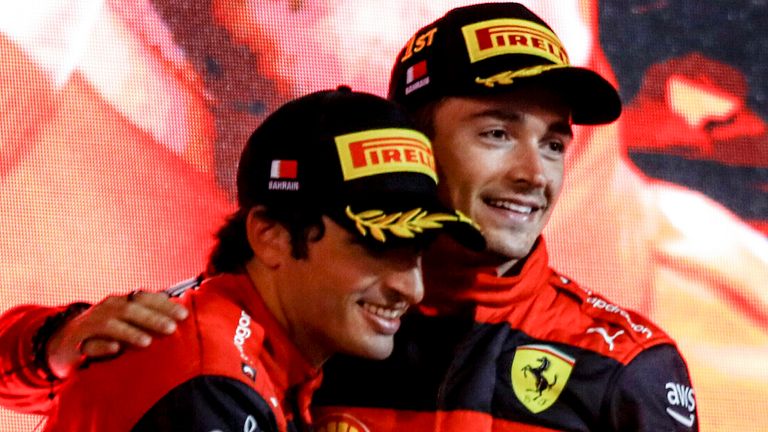 Carlos Sainz (left) and Charles Leclerc celebrate Ferraris one-two at the Bahrain GP