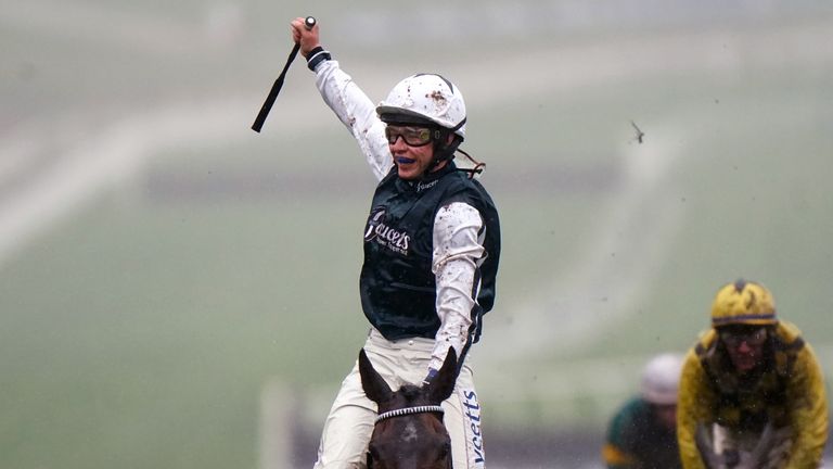 Charlie Deutsch salutes the crowd after landing his first Cheltenham Festival winner on L'Homme Presse