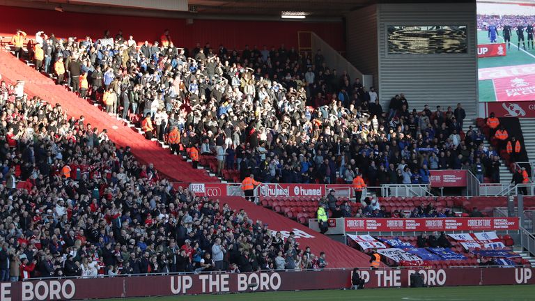 Chelsea fans in the away end before the Emirates FA Cup quarter final match at the Riverside Stadium