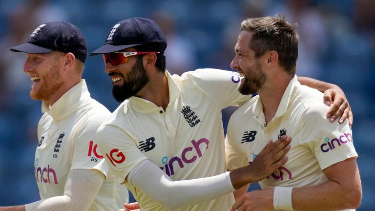 Chris Woakes celebrates on of his wickets in the afternoon session on day two of the third Test in Grenada