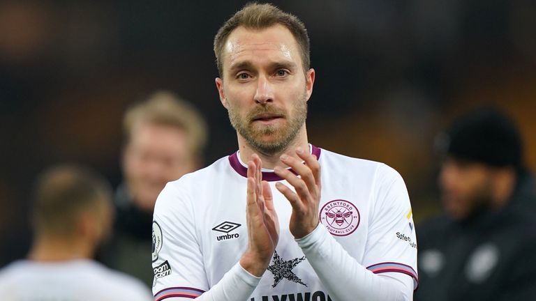 Brentford&#39;s Christian Eriksen celebrates the win over Norwich City