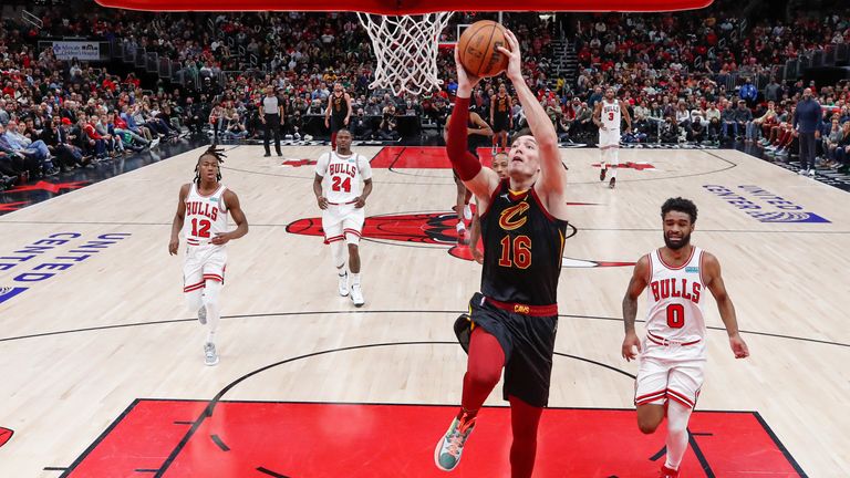 Cleveland Cavaliers forward Cedi Osman goes to the basket against the Chicago Bulls during the second half of an NBA basketball game Saturday.