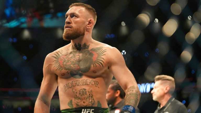  Conor McGregor prepares to fight Dustin Poirier in their lightweight bout during UFC 264 at T-Mobile Arena on July 10, 2021, in Las Vegas, Nevada, United States. (Photo by Louis Grasse/PxImages/Icon Sportswire) (Icon Sportswire via AP Images)