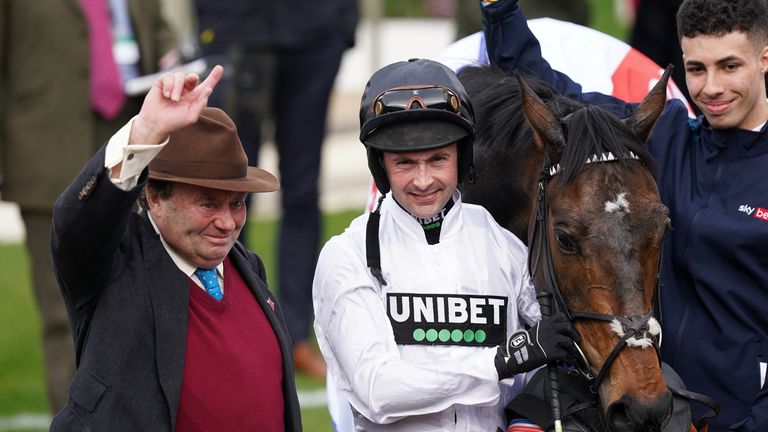 Nico de Boinville and Nicky Henderson with Constitution Hill after his dominant Supreme Novices&#39; Hurdle victory