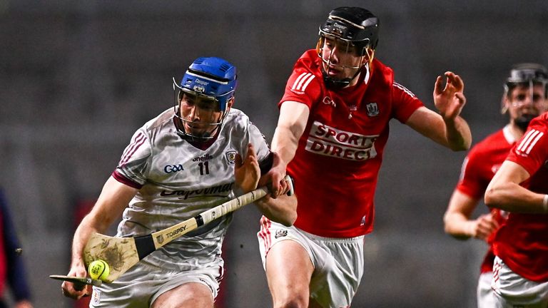 5 March 2022; Conor Cooney of Galway in action against Robert Downey of Cork during the Allianz Hurling League Division 1 Group A match between Cork and Galway at P..irc U.. Chaoimh in Cork. Photo by E..in Noonan/Sportsfile