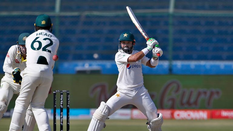 Pakistan&#39;s Mohammad Rizwan, rights, bats on the fifth day of the second test match between Pakistan and Australia at the National Stadium in Karachi Pakistan, Wednesday, March 16, 2022