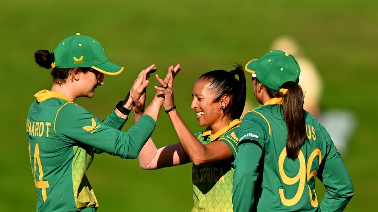 Shabnim Ismail of South Africa celebrates with team mates after bowling out Ritu Moni of Bangladesh during the 2022 ICC Women&#39;s Cricket World Cup match between Bangladesh and South Africa at University Oval on March 05, 2022 in Dunedin, New Zealand.