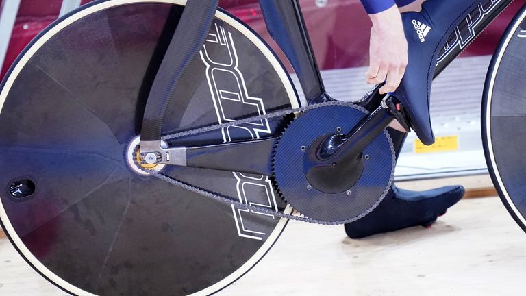 A general view of a Great Britain cyclist on their bike during a track cycling training session