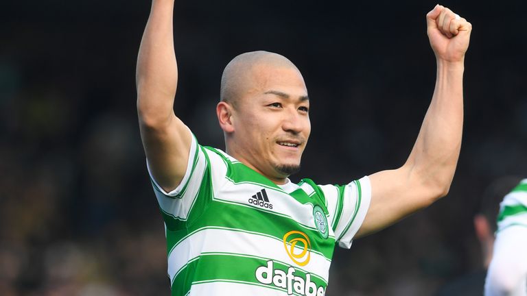 Daizen Maeda celebrates making it 1-0 during a Cinch Premiership match between Livingston and Celtic