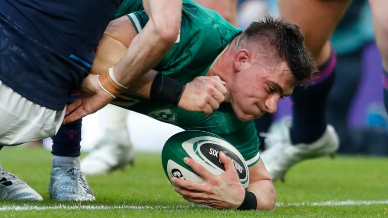 Ireland's Dan Sheehan scores a try against Scotland