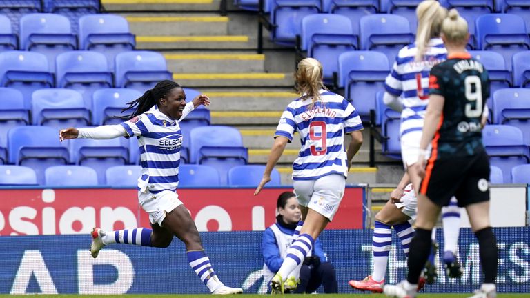 Reading&#39;s Deanne Rose (left) celebrates scoring their side&#39;s first goal of the game during the Barclays FA Women&#39;s Super League match at Madejski Stadium, Reading. Picture date: Saturday December 11, 2021.