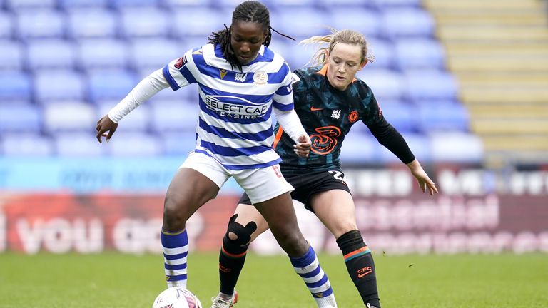 Chelsea&#39;s Erin Cuthbert (left) and Reading&#39;s Deanne Rose battle for the ball during the Barclays FA Women&#39;s Super League match at Madejski Stadium, Reading. Picture date: Saturday December 11, 2021.