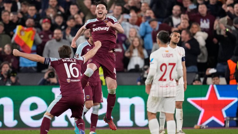 Declan Rice starts the celebrations against Sevilla