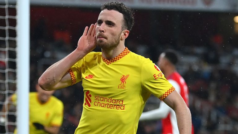 Diogo Jota celebrates after opening the scoring for Liverpool at the Emirates