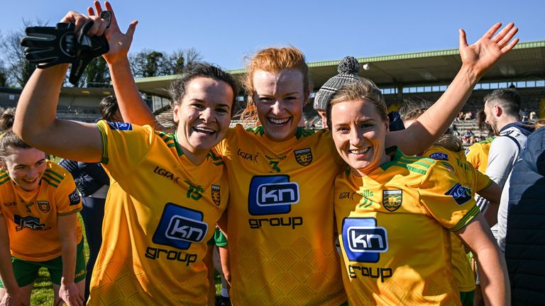 19 March 2022; Geraldine McLaughlin, Evelyn McGinley and Niamh McLaughlin of Donegal celebrate after the Lidl Ladies Football National League Division 1 Semi-Final match between Dublin and Donegal at St Tiernach's Park in Clones, Monaghan. Photo by Ray McManus/Sportsfile 
