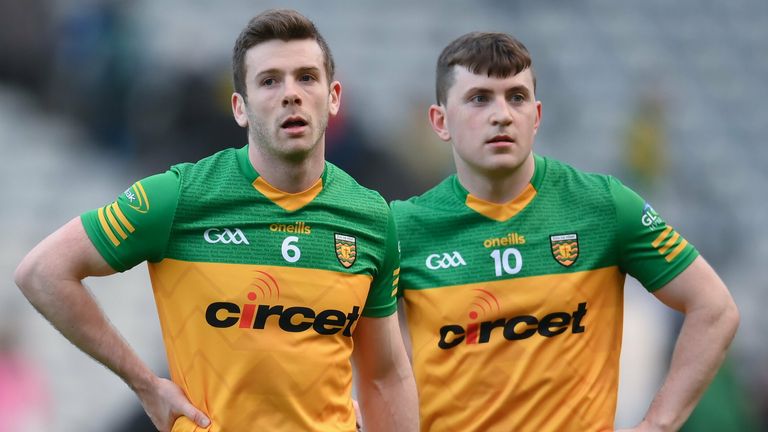 20 March 2022; Eoghan Bán Gallagher, left, and Shane O'Donnell of Donegal after the Allianz Football League Division 1 match between Dublin and Donegal at Croke Park in Dublin. Photo by Stephen McCarthy/Sportsfile