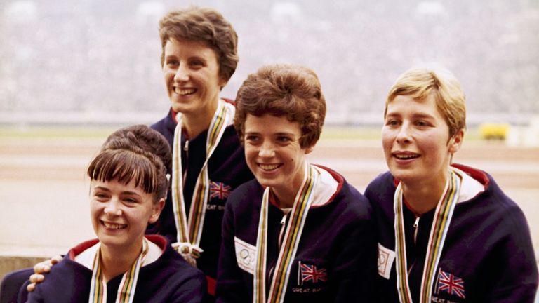 British team which came in third in the women's 4x100m  relay at the Tokyo Olympics Summer Games of 1964. L-R: Janet Simpson, Dorothy Hyman, Daphne Arden and Mary Rand