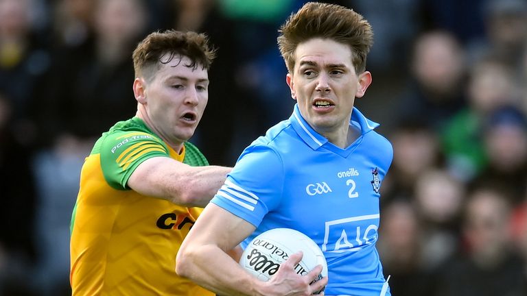 20 March 2022; Michael Fitzsimons of Dublin in action against Jamie Brennan of Donegal during the Allianz Football League Division 1 match between Dublin and Donegal at Croke Park in Dublin. Photo by Stephen McCarthy/Sportsfile