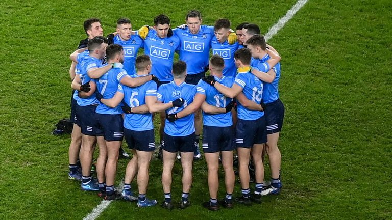 19 February 2022; Dublin players huddle before the Allianz Football League Division 1 match between Dublin and Mayo at Croke Park in Dublin. Photo by Stephen McCarthy/Sportsfile