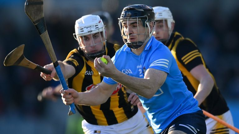 5 March 2022; Danny Sutcliffe of Dublin in action against Mikey Carey of Kilkenny during the Allianz Hurling League Division 1 Group B match between Dublin and Kilkenny at Parnell Park in Dublin. Photo by Stephen McCarthy/Sportsfile