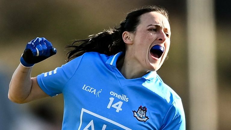 5 March 2022; Hannah Tyrrell of Dublin celebrates after scoring her side's first goal during the Lidl Ladies Football National League Division 1 match between Meath and Dublin at P..irc T..ilteann in Navan, Meath. Photo by David Fitzgerald/Sportsfile 
