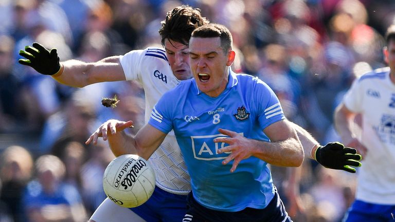 27 March 2022; Brian Fenton of Dublin in action against Darren Hughes of Monaghan during the Allianz Football League Division 1 match between Monaghan and Dublin at St Tiernach's Park in Clones, Monaghan. Photo by Ray McManus/Sportsfile
