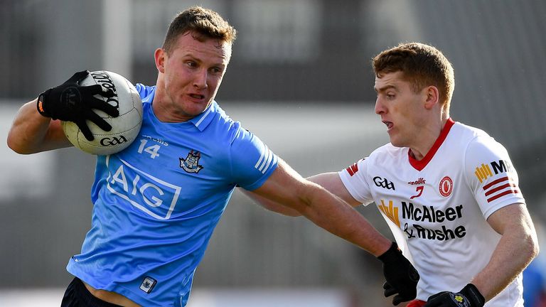 13 March 2022; Ciar..n Kilkenny of Dublin in action against Peter Harte of Tyrone during the Allianz Football League Division 1 match between Tyrone and Dublin at O'Neill's Healy Park in Omagh, Tyrone. Photo by Ray McManus/Sportsfile