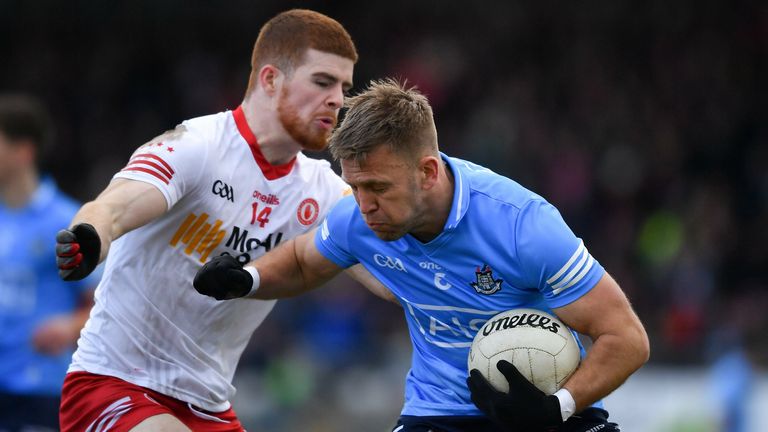 13 March 2022; Jonny Cooper of Dublin in action against Carthal McShane of Tyrone during the Allianz Football League Division 1 match between Tyrone and Dublin at O'Neill's Healy Park in Omagh, Tyrone. Photo by Ray McManus/Sportsfile