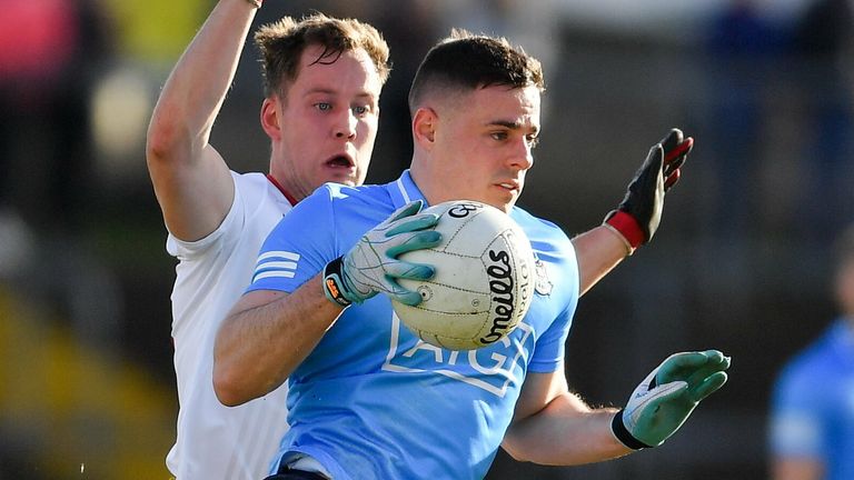13 March 2022; Brian Howard of Dublin in action against Kieran McGeary of Tyrone during the Allianz Football League Division 1 match between Tyrone and Dublin at O'Neill's Healy Park in Omagh, Tyrone. Photo by Ray McManus/Sportsfile