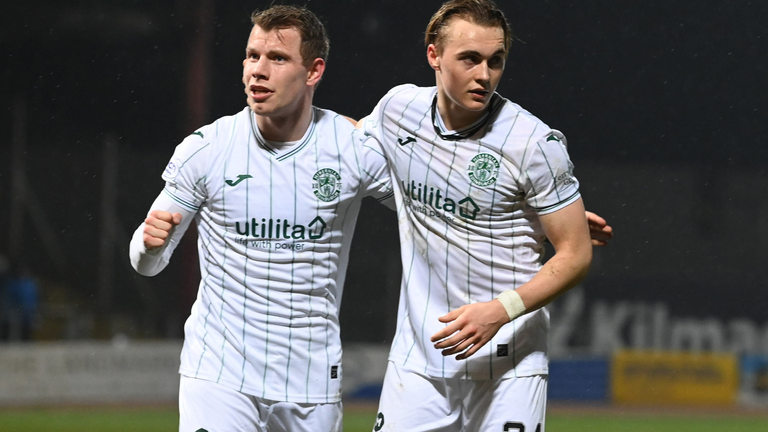 Runar Hauge (L) & Elias Melkersen make their Hibs debuts during a Cinch Premiership match between Dundee and Hibs at Dens Park