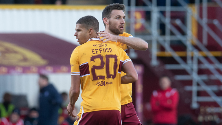 Motherwell's players celebrate their goal against Dundee