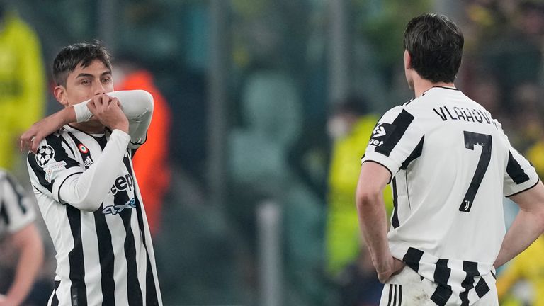 Paulo Dybala and Dusan Vlahovic react to Juventus' Champions League exit