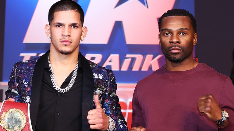 NEW YORK, NEW YORK - MARCH 17: Edgar Berlanga (L) and Steve Rolls (R) pose during the press conference prior to their NABO Super Middleweight championship fight at The Hulu Theater at Madison Square Garden on March 17, 2022 in New York, New York. (Photo by Mikey Williams/Top Rank Inc via Getty Images).