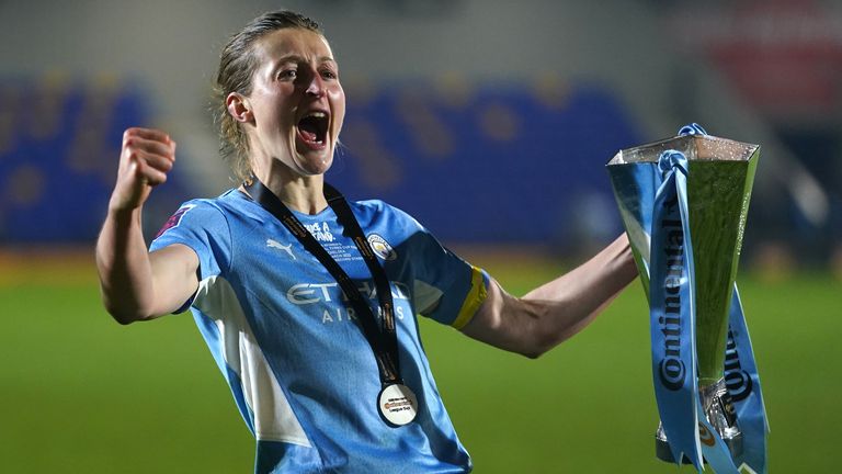 Manchester City's Ellen White celebrates with the trophy after defeating Chelsea 3-1 in the FA Women's Continental Tires League Cup final