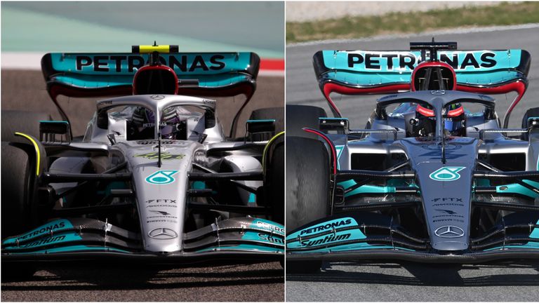     Mercedes di Bahrain (kiri) dibandingkan dengan Mercedes dari Barcelona (kanan)