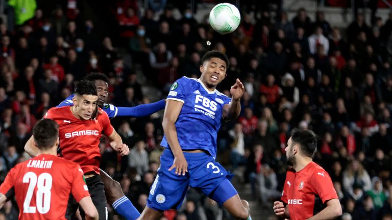 Wesley Fofana heads in Leicester&#39;s key goal at Rennes